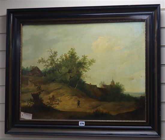 19th century Continental School, oil on canvas, Traveller in a landscape, 53 x 68cm